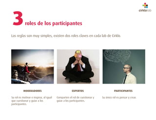 3           roles de los participantes

Las reglas son muy simples, existen dos roles claves en cada lab de Cirklo.




           MODERADORES                               EXPERTOS                         PARTICIPANTES

Su rol es motivar e inspirar, al igual   Comparten el rol de cuestionar y   Su único rol es pensar y crear.
que cuestionar y guiar a los             guiar a los participantes.
participantes.
 