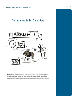S E I T E 1 1
E I N B L I C K E I N D I E M E T H O D E
Auf der Pferderennbahn erzielen Sie die höchsten Gewinne, wenn Sie auf den Außensei-
ter, das „Dark Horse“, setzen und dieses dann Erster wird. So kann es auch hier sein.
Wählen Sie doch die beste und die schlechteste Idee aus und basteln daraus Prototypen.
Welche Ideen denken Sie weiter?
 