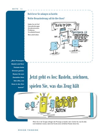 S E I T E 1 2
„Beim Prototypen
Basteln sind Ihrer
Fantasie keine
Grenzen gesetzt.
Nutzen Sie zum
Darstellen Ihrer
Idee alles, was
Ihnen in den Sinn
kommt“
Jetzt geht es los: Basteln, zeichnen,
spielen Sie, was das Zeug hält
Wenn Sie in der Gruppe anfangen den Prototyp zu basteln, dann merken Sie, was Sie alles
noch bedenken müssen, damit der Kunde einen wirklichen Nutzen davon hat.
D E S I G N T H I N K I N G
Doch bevor Sie anfangen zu basteln:
Welche Herausforderung soll die Idee lösen?
Stellen Sie sich fünf
Herausforderungen
(Kundenwünschen,
Problemen,
Grundbedürfnissen)
Bitte aufschreiben.
 