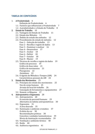 ESTUDO DO TRABALHO | 3
TABELA DE CONTEÚDOS
1. A Produtividade 6
Definição de Produtividade 6
1.1. Factores que influenciam a Produtividade 7
1.2. A produtividade e o Estudo do Trabalho 8
2. Estudo do Trabalho 10
2.1. Vantagens do Estudo do Trabalho 11
2.2. Estudo dos Métodos 11
2.3. Âmbito do estudo dos métodos 12
2.4. Procedimento do estudo de métodos 12
Fase 1 – Selecção do trabalho 13
Fase 2 – Recolha e registo de dados 13
Fase 3 – Examinar e analisar 16
Fase 4 – Desenvolver 17
Fase 5 – Avaliar 18
Fase 6 – Definir 18
Fase 7 – Instalar 18
Fase 8 – Manter 19
2.5. Técnicas de recolha e registo de dados 19
Gráfico do processo 19
Gráfico de duas mãos 21
Gráfico de movimentos 21
Fluxograma 22
Swimlanes 22
2.6. O Agente de Métodos e Tempos (AM) 24
Características pessoais do AM 24
3. Estudo dos Movimentos 25
3.1. Princípios do estudo dos movimentos 25
Uso do corpo humano 25
Arranjo do local de trabalho 26
Concepção de ferramentas e equipamentos 27
3.2. Homem vs Máquina 27
4. Antropometria e Ergonomia 28
4.1. Antropometria 28
O conceito de percentil humano 29
Alternativa às tabelas antropométricas 30
4.2. Ergonomia 31
A área dourada 35
4.3. Iluminação e ambiente cromático 37
O efeito da cor 38
Recomendações práticas 38
Conceitos e unidades luminotécnicas 39
Níveis de iluminação recomendados 39
4.4. Ventilação e ambiente térmico 40
4.5. Ruído 40
4.6. Auditoria ergonómica 41
 