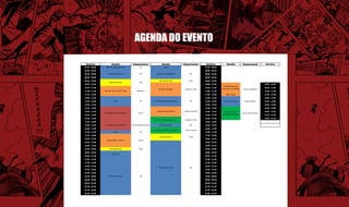 AGENDA DO EVENTO

 Horário                Sessão                  Responsável                        Sessão                Responsável        Horário            Sessão            Responsável             Horário
07:30 - 08:00     Meet at UNA Black Mud                  OC                          ZZzzz                                 07:30 - 08:00
08:00 - 08:30                                                                                                              08:00 - 08:30
08:30 - 09:00       Arrival and Check In                 OC                  Wake Up and Breakfast             OC          08:30 - 09:00
09:00 - 09:30                                                                                                              09:00 - 09:30
09:30 - 10:00                                                                   Morning Plenary               Chair        09:30 - 10:00
                     Opening Plenary                   Chair
10:00 - 10:30                                                                                                              10:00 - 10:30                                                10:00 - 10:30
                                                                                                                                             Strenghtening the
10:30 - 11:00                                                                                                              10:30 - 11:00                                                10:30 - 11:00
                                                                               Simply Innovative          Romero e Tofa                    connection (ALUMNI)    Freiris e Matheus
11:00 - 11:30   The Path We've Yet to Trace          Matheus                                                               11:00 - 11:30                                                11:00 - 11:30
11:30 - 12:00                                                                                                              11:30 - 12:00       Open Space                               11:30 - 12:00
12:00 - 12:30                                                                                                              12:00 - 12:30                                                12:00 - 12:30
12:30 - 13:00              Lunch                         OC               Lunch and Cultural Showcase          OC          12:30 - 13:00    Cultural Showcase      Intercambistas       12:30 - 13:00
13:00 - 13:30                                                                                                              13:00 - 13:30                                                13:00 - 13:30
13:30 - 14:00                                                                                                              13:30 - 14:00                                                13:30 - 14:00
14:00 - 14:30                                                                Purpose Oriented Sales      Joanna e Paloma   14:00 - 14:30      Why am I here?                            14:00 - 14:30
                The Leader The World Needs             Cesco                                                                                                     Lívia, Tofa e Paloma
14:30 - 15:00                                                                                                              14:30 - 15:00    (INTERCAMBISTAS)                            14:30 - 15:00
15:00 - 15:30                                                                                                              15:00 - 15:30                                                15:00 - 15:30
                                                                            The "I" in My Experience      Romero e Tofa
15:30 - 16:00                                                                                                              15:30 - 16:00
16:00 - 16:30    An AIESECer out of AIESEC    Freiris, Ricardo e Emília         Break and photo                OC          16:00 - 16:30
16:30 - 17:00                                                                                                              16:30 - 17:00
                                                                          Reconnecting with my purpose    Lívia e Joanna
17:00 - 17:30             Break                          OC                                                                17:00 - 17:30
17:30 - 18:00                                                                                                              17:30 - 18:00
                                                                                 Closing Plenary              Chair
18:00 - 18:30                                                                                                              18:00 - 18:30
                   Speech MNs e Alumni                 Emília
18:30 - 19:00                                                                                                              18:30 - 19:00
19:00 - 19:30                                                                                                              19:00 - 19:30
19:30 - 20:00        Evening Plenary                   Chair                                                               19:30 - 20:00
20:00 - 20:30                                                                                                              20:00 - 20:30
                         Dress Up
20:30 - 21:00                                                                                                              20:30 - 21:00
21:00 - 21:30                                                                                                              21:00 - 21:30
21:30 - 22:00                                                                                                              21:30 - 22:00
22:00 - 22:30                                                                                                              22:00 - 22:30
                                                                               Home Sweet Home                 OC
22:30 - 23:00                                                                                                              22:30 - 23:00
23:00 - 23:30                                                                                                              23:00 - 23:30
23:30 - 00:00        Party and Dinner                    OC                                                                23:30 - 00:00
00:00 - 00:30                                                                                                              00:00 - 00:30
00:30 - 01:00                                                                                                              00:30 - 01:00
01:00 - 01:30                                                                                                              01:00 - 01:30
01:30 - 02:00                                                                                                              01:30 - 02:00
02:00 - 02:30                                                                                                              02:00 - 02:30
 