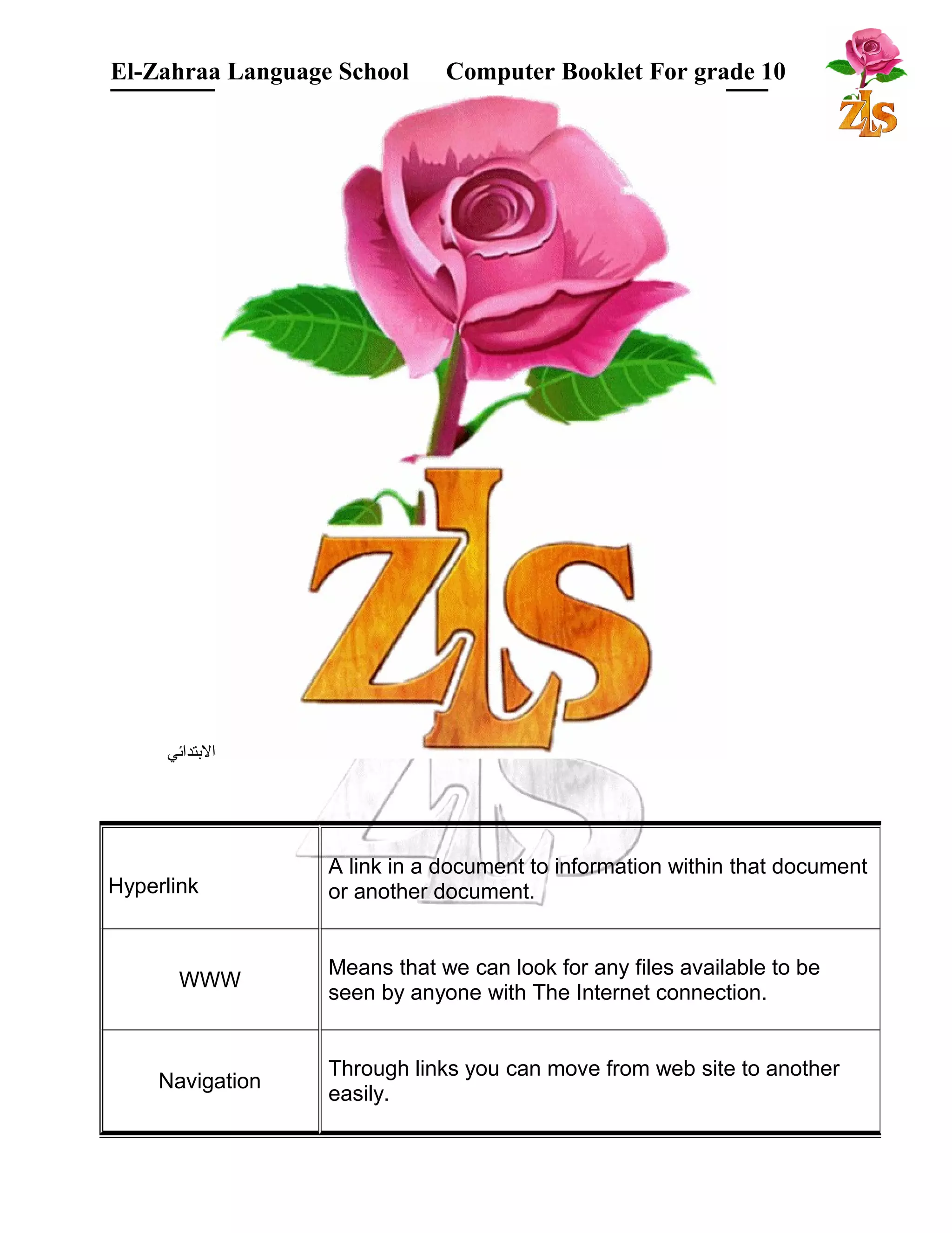 El-Zahraa Language School Computer Booklet For grade 10 
البتتدائي 
Hyperlink 
A link in a document to information within that document 
or another document. 
WWW Means that we can look for any files available to be 
seen by anyone with The Internet connection. 
Navigation Through links you can move from web site to another 
easily. 
 