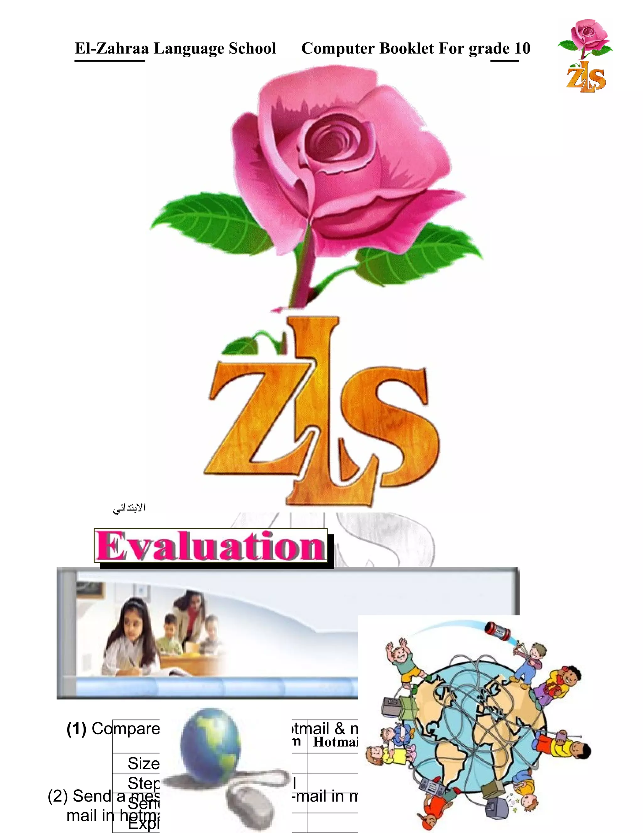 El-Zahraa Language School Computer Booklet For grade 10 
البتتدائي 
(1) Compare your E-mail in Hotmail & maktoob: 
(2) Send a message from your E-mail in maktoob to your E-mail 
in hotmail. 
Item Hotmail Maktoob 
Size 
Steps to Create E-Mail 
Sending & receiving 
Expire date 
 