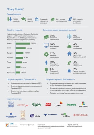 Макет індустріального парку 
Варіант 1 
Варіант 2 
Дві ділянки площею по 3,3 га кожна, на яких розмістяться адміністративний та ви- робничі корпуси та відповідна інженерно-транспортна інфраструктура 
Дві ділянки, розбиті на вісім ділянок площею по 2,0 га кожна, на яких розмістяться адміністративний та ви- робничі корпуси та відповідна інженерно-транспортна інфраструктура 
Ділянка площею 3,3 га, на якій розмістяться адміністративний та виробничі корпуси та відповідна інженерно- транспортна інфраструктура – 
2 ділянки 
Ділянка 3,2 га - 2 ділянки 
Ділянка 2,4 га - 2 ділянки 
Ділянка 1,2 га - 2 ділянки 
Ділянка 1,2 га - 2 ділянки 
Вода 
D = 500 
€ 0.45/м3 
Газ 
D = 89 
€ 0.374/м3 
Електрика 
€ 0.076/кВт 
Цільові галузі промисловості 
Очікувані результати 
Орієнтовні сумарні обсяги споживання енергоресурсів, води тощо (варіант 1) 
• Щонайменше 5 компаній планується залучити на ділянки площею від 2 до 4 га індустріального парку 
• Підприємства повинні охоплювати такі види діяльності: 
— Виробництво деревини та виробів з деревини 
— Видавнича справа 
— Виробництво електричного, електронного та оптичного устаткування 
— Виробництво гумових та пластмасових виробів 
- легка промисловість (виробництво взуття та одягу) 
- харчова промисловість 
- інші види промисловсоті з низьким рівнем забруднення 
• Може бути створено до 12 тис. робочих місць та таку ж кількість непрямих робочих місць у сфері постачання послуг та сировини для забезпечення повноцінного функціонування об’єктів промислової зони 
• Така кількість робочих місць дозволить залучати до міського бюджету м. Львова близько 38 млн. грн. щорічно 
• Надходження від орендної плати за землю складе щорічно близько 2 млн. грн 
• Значний ефект від реалізації проекту на розвиток сусідніх територій та найближчого житлового масиву Рясне 
Ділянка 
Ділянка 
2 ділянки по 3,3 га кожна 
8 ділянки по 2 га кожна 
Усі ділянки разом 
Площа, га 
3,3 
2,0 
6,6 (2x3,3) 
16 (8х2,0) 
22,6 
Водоспоживання, 
куб. м/добу 
400 
270 
800 
2160 
2960 
Водовідведення, 
куб. м/добу 
260 
178 
520 
1424 
1944 
Теплопостачання, 
Гкал/год 
3,1 
2,33 
6,2 
18,64 
24,84 
Газопостачання, 
куб. м/год 
481,4 
361,8 
962,7 
2894,4 
3857,1 
Електропостачання, МВт 
2,5 
1,5 
5 
12 
17  