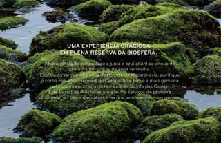 Abra a janela da curiosidade e sinta o azul atlântico enquanto
caminha por praias de areia vermelha.
Explore os verdes intocados da floresta da Macaronésia, purifique
o corpo nas águas termais do Carapacho e prove a mais genuína
gastronomia açoriana no restaurante Quinta das Grotas.
Este Resort de 4 estrelas oferece-lhe serviços de primeira
qualidade, no sabor das coisas e na graciosidade das suas gentes.
UMA EXPERIÊNCIA GRACIOSA
EM PLENA RESERVA DA BIOSFERA.
 