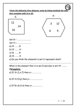 | P a g e 28 
2)from the following Venn diagram, write by listing methods the sets, 
then complete with (∈ or ∉): 
Set G = ………………………… 
Set H = ………………………… 
a) 12 ……… G 
b) 12 ……… H 
c) 16 ……… G 
d) 14 ……… H 
e) Do you think the elements in set H represent what? 
……………………………………………………………………………………………………………………… 
What is the element that is in set G and also in set H? ………… 
3)Complete: 
a) If 3∈ {1,x,7} then x=…………………. 
b) If 2{3,y} then y=………………………. 
c) If 5∈ {6,3+x} then x=…………………. 
12 
14 
16 
G 
3 12 
6 9 
H 
 