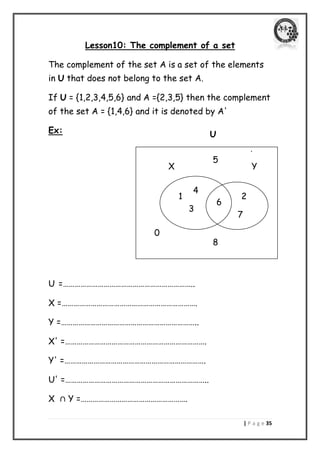 | P a g e 35 
U 
Lesson10: The complement of a set 
The complement of the set A is a set of the elements in U that does not belong to the set A. 
If U = {1,2,3,4,5,6} and A ={2,3,5} then the complement of the set A = {1,4,6} and it is denoted by A' 
Ex: 
. 
U =………………………………………………………….. 
X =……………………………………………………………. 
Y =…………………………………………………………….. 
X' =………………………………………………………………. 
Y' =………………………………………………………………. 
U' =……………………………………………………………….. 
X Y =………………………………………………. 
X 
Y 
1 
3 
6 
2 
7 
4 
0 
5 
8  