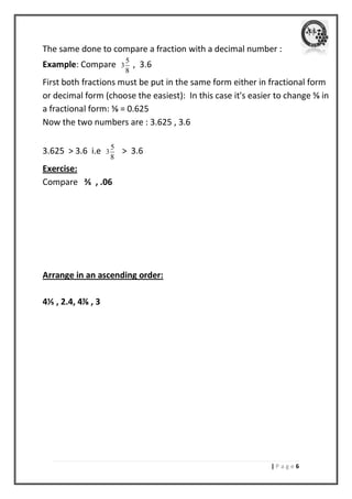 | P a g e 6 
The same done to compare a fraction with a decimal number : 
Example: Compare 3 
5 
8 
, 3.6 
First both fractions must be put in the same form either in fractional form 
or decimal form (choose the easiest): In this case it's easier to change ⅝ in 
a fractional form: ⅝ = 0.625 
Now the two numbers are : 3.625 , 3.6 
3.625 > 3.6 i.e 3 
5 
8 
> 3.6 
Exercise: 
Compare ⅖ , .06 
Arrange in an ascending order: 
4⅕ , 2.4, 4⅞ , 3 
 
