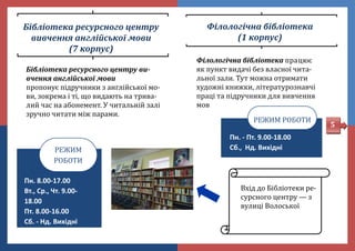 Пн. - Пт. 9.00-18.00
Сб., Нд. Вихідні
РЕЖИМ РОБОТИ
5
Бібліотека ресурсного центру
вивчення англійської мови
(7 корпус)
Філологічна бібліотека
(1 корпус)
Пн. 8.00-17.00
Вт., Ср., Чт. 9.00-
18.00
Пт. 8.00-16.00
Сб. - Нд. Вихідні
РЕЖИМ
РОБОТИ
Бібліотека ресурсного центру ви-
вчення англійської мови
пропонує підручники з англіиської мо-
ви, зокрема і ті, що видають на трива-
лии час на абонемент. У читальніи залі
зручно читати між парами.
Філологічна бібліотека працює
як пункт видачі без власної чита-
льної зали. Тут можна отримати
художні книжки, літературознавчі
праці та підручники для вивчення
мов
Вхід до Бібліотеки ре-
сурсного центру — з
вулиці Волоської
 
