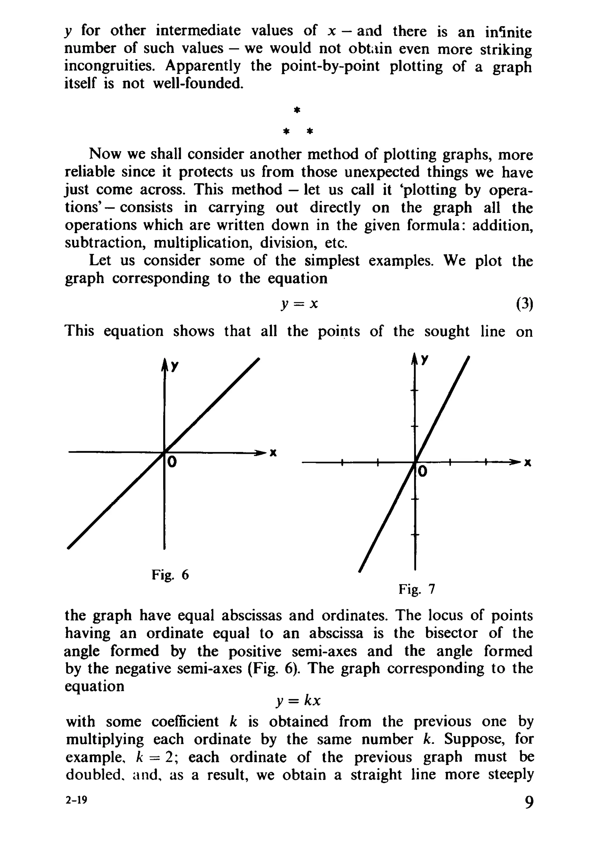 y for other intermediate values of x - and there is an in'inite
number of such values - we would not obtain even more striking
incongruities. Apparently the point-by-point plotting of a graph
itself is not well-founded.
*
* *
Now we shall consider another method of plotting graphs, more
reliable since it protects us from those unexpected things we have
just come across. This method - let us call it 'plotting by opera-
tions' - consists in carrying out directly on the graph all the
operations which are written down in the given formula: addition,
subtraction, multiplication, division, etc.
Let us consider some of the simplest examples. We plot the
graph corresponding to the equation
y = x (3)
This equation shows that all the points of the sought line on
------#-----~X
Fig. 6
--~-+----#---+---t--~X
y= kx
with some coefficient k is obtained from the previous one by
multiplying each ordinate by the same number k. Suppose, for
example, k == 2; each ordinate of the previous graph must be
doubled. and .. as a result, we obtain a straight line more steeply
Fig. 7
the graph have equal abscissas and ordinates. The locus of points
having an ordinate equal to an abscissa is the bisector of the
angle formed by the positive semi-axes and the angle formed
by the negative semi-axes (Fig. 6). The graph corresponding to the
equation
2-19 9
 