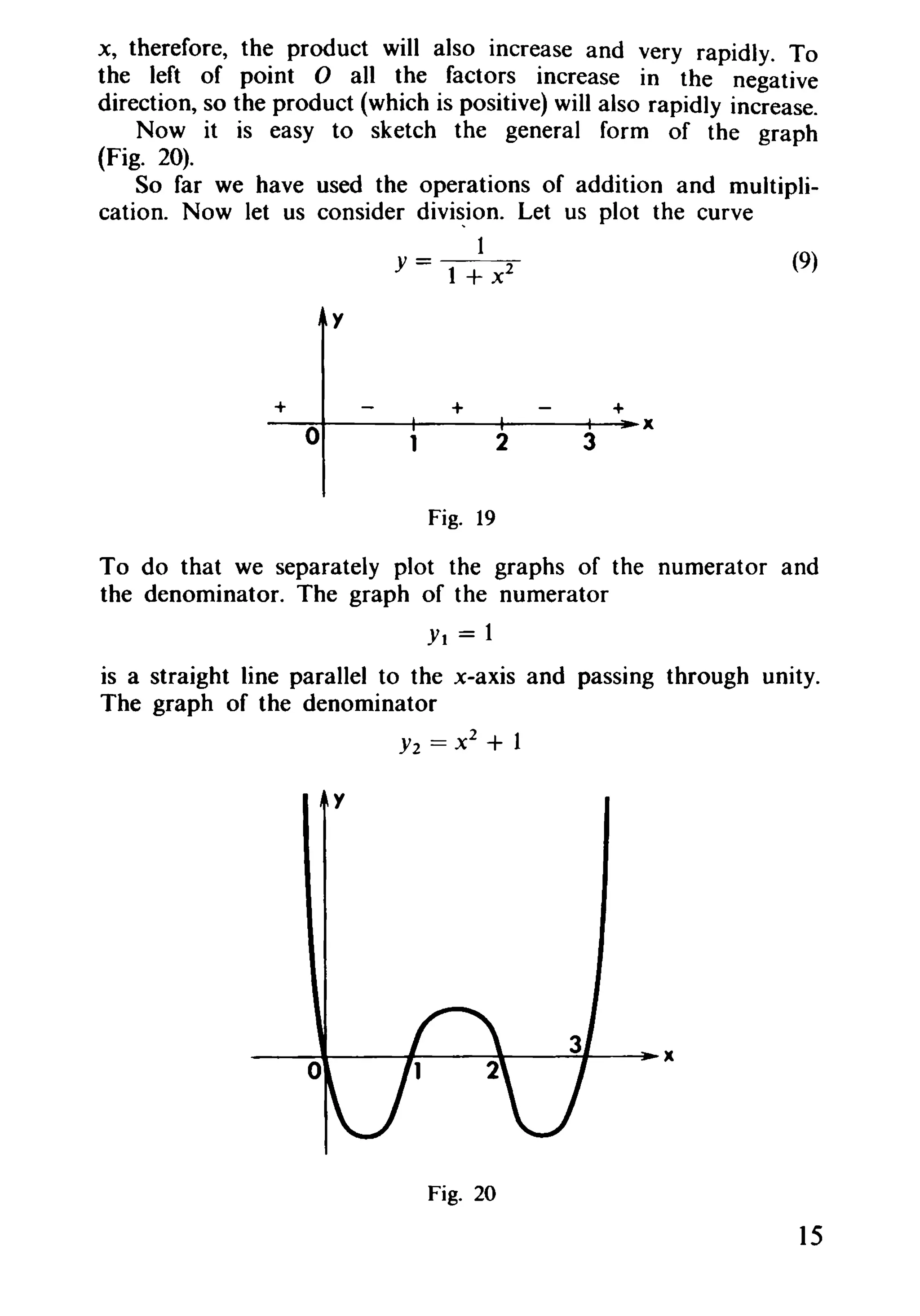 x, therefore, the product will also increase and very rapidly. To
the left of point 0 all the factors increase in the negative
direction, so the product (which is positive) will also rapidly increase.
Now it is easy to sketch the general form of the graph
(Fig. 20).
So far we have used the operations of addition and multipli-
cation. Now let us consider division. Let us plot the curve
1
Y = t + x2
y
+ + +
x
0 2 3
(9)
Fig. 19
To do that we separately plot the graphs of the numerator and
the denominator. The graph of the numerator
Yt = 1
is a straight line parallel to the x-axis and passing through unity.
The graph of the denominator
Y2 == x
2
+ 1
y
Fig. 20
15
 