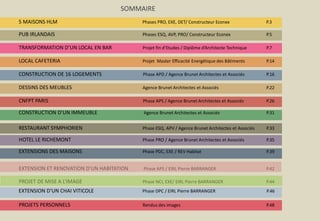 SOMMAIRE
5 MAISONS HLM Phases PRO, EXE, DET/ Constructeur Econex P.3
PUB IRLANDAIS Phases ESQ, AVP, PRO/ Constructeur Econex P.5
TRANSFORMATION D’UN LOCAL EN BAR Projet fin d’Etudes / Diplôme d’Architecte Technique P.7
LOCAL CAFETERIA Projet Master Efficacité Energétique des Bâtiments P.14
CONSTRUCTION DE 16 LOGEMENTS Phase APD / Agence Brunet Architectes et Associés P.16
DESSINS DES MEUBLES Agence Brunet Architectes et Associés P.22
CNFPT PARIS Phase APS / Agence Brunet Architectes et Associés P.26
CONSTRUCTION D’UN IMMEUBLE Agence Brunet Architectes et Associés P.31
RESTAURANT SYMPHORIEN Phase ESQ, APV / Agence Brunet Architectes et Associés P.33
HOTEL LE RICHEMONT Phase PRO / Agence Brunet Architectes et Associés P.35
EXTENSIONS DES MAISONS Phase PDC, EXE / REV Habitat P.39
PROJETS PERSONNELS Rendus des images P.48
EXTENSION ET RENOVATION D’UN HABITATION Phase APS / EIRL Pierre BARRANGER P.42
PROJET DE MISE A L’IMAGE Phase NCI, EXE/ EIRL Pierre BARRANGER P.44
EXTENSION D’UN CHAI VITICOLE Phase DPC / EIRL Pierre BARRANGER P.46
 