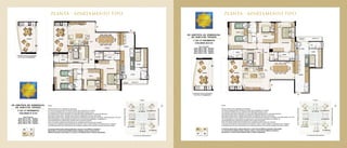 PLANTA - APARTAMENTO TIPO PLANTA - APARTAMENTO TIPO
ED. AMETISTA, ED. ESMERALDA,
ED. RUBI E ED. TOPÁZIO
1º AO 17º PAVIMENTO
COLUNAS 01 E 04
Área Privativa
Aptos 101 ao 1401 - 143,00m2
Aptos 1501 ao 1701 - 145,40m2
Aptos 104 ao 1404 - 143,02m2
Aptos 1504 ao 1704 - 145,42m2
ED. AMETISTA, ED. ESMERALDA,
ED. RUBI E ED. TOPÁZIO
1º AO 17º PAVIMENTO
COLUNAS 02 E 03
Área Privativa
Aptos 102 ao 1402 - 143,34m2
Aptos 1502 ao 1702 - 145,74m2
Aptos 103 ao 1403 - 143,22m2
Aptos 1503 ao 1703 - 145,62m2
Notas:
Planta ilustrativa com sugestão de decoração.
Os móveis, equipamentos e divisórias não são parte integrante do contrato.
As cotas são medidas de eixo, podendo sofrer alterações durante a obra.
Os revestimentos a serem utilizados na construção estão especificados no memorial descritivo.
Esta planta poderá sofrer variações decorrentes de exigências técnicas e estruturais.
Esta planta poderá sofrer variações decorrentes do atendimento às posturas municipais, concessionárias e do local.
Os condensadores e evaporadores do sistema de ar condicionado (aquisição e instalação de
responsabilidade dos adquirentes) poderão sofrer ajustes de posição.
Para composição estética das fachadas foram projetadas guarda-corpos de varandas
e terraços com materiais diversos (barrinha de alumínio, vidro, mureta). Verificar nas perspectivas e maquete
do empreendimento para conhecimento dos materiais utilizados nas varandas e terraços de cada unidade.
A presente planta ilustra referencialmente a coluna 01 dos Edifícios Ametista e
Esmeralda e a coluna 04 dos Edifícios Rubi e Topázio, sendo a coluna 04 dos
Edifícios Ametista e Esmeralda e a coluna 01 dos Edifícios Rubi e Topázio espelhadas.
Notas:
Planta ilustrativa com sugestão de decoração.
Os móveis, equipamentos e divisórias não são parte integrante do contrato.
As cotas são medidas de eixo, podendo sofrer alterações durante a obra.
Os revestimentos a serem utilizados na construção estão especificados no memorial descritivo.
Esta planta poderá sofrer variações decorrentes de exigências técnicas e estruturais.
Esta planta poderá sofrer variações decorrentes do atendimento às posturas municipais, concessionárias e do local.
Os condensadores e evaporadores do sistema de ar condicionado (aquisição e instalação de
responsabilidade dos adquirentes) poderão sofrer ajustes de posição.
Para composição estética das fachadas foram projetadas guarda-corpos de varandas
e terraços com materiais diversos (barrinha de alumínio, vidro, mureta). Verificar nas perspectivas e maquete
do empreendimento para conhecimento dos materiais utilizados nas varandas e terraços de cada unidade.
A presente planta ilustra referencialmente a coluna 02 dos Edifícios Ametista e Esmeralda
e a coluna 03 dos Edifícios Rubi e Topázio, sendo a coluna 03 dos Edifícios Ametista e
Esmeralda e a coluna 02 dos Edifícios Rubi e Topázio espelhadas.
Parque
Av. Boulevard Metropolitano
ViadePedestresArborizada
ViadePedestresArborizada
Parque
Av. Boulevard Metropolitano
ViadePedestresArborizada
ViadePedestresArborizada
ALTERAÇÃO PARA AS VARANDAS
DO 15º AO 17º PAVIMENTOS
ALTERAÇÃO PARA AS VARANDAS
DO 15º AO 17º PAVIMENTOS
 