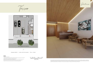 Térreo
Todas as perspectivas contidas neste material são meramente ilustrativas, podendo sofrer alterações, inclusive quanto à cor, forma, textura e tamanho. A decoração, equipamentos e mobiliários são
apenas sugestões, não fazendo parte das obrigações de entrega do imóvel. O empreendimento será executado obedecendo ao projeto executivo e às especificações contidas no Memorial Descritivo de
Acabamentos, devendo o disposto no memorial prevalecer em caso de conflito com qualquer outro material ou informação relativa ao empreendimento.
G A R A G E M C O B E R TA - 6 V A G A S C O M D U P L I C A D O R E S - T O TA L : 1 2 V A G A S
Portaria
NOTAS
A decoração é meramente ilustrativa.
Os acabamentos e revestimentos a serem utilizados na construção estão especificados no memorial descritivo do empreendimento;
As cotas são medidas eixo a eixo, podendo sofrer variação de 5% durante a obra;
Os projetos de estrutura e instalações lançados nesta planta poderão sofrer alterações nas medidas e localização ao longo do
desenvolvimento do projeto executivo, decorrente de necessidades técnicas;
Essa planta poderá sofrer variações decorrentes do atendimento das posturas municipais, concessionárias e do local;
Poderá ocorrer variação de até 5%, para mais ou para menos, nas áreas privativas das unidades autônomas.
 