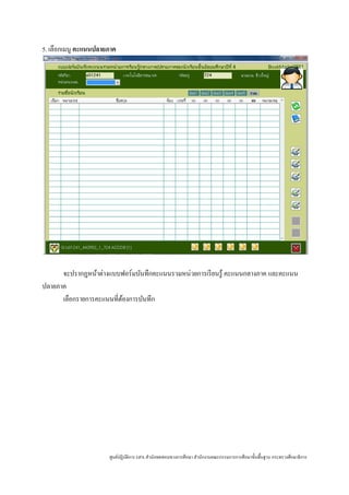 5. เลือกเมนู คะแนนปลายภาค




      จะปรากฏหน้าต่างแบบฟอร์มบันทึกคะแนนรวมหน่วยการเรี ยนรู ้ คะแนนกลางภาค และคะแนน
ปลายภาค
      เลือกรายการคะแนนที่ตองการบันทึก
                          ้




                      ศูนย์ปฏิบติการ GPA สํานักทดสอบทางการศึกษา สํานักงานคณะกรรมการการศึกษาขั้นพื้นฐาน กระทรวงศึกษาธิ การ
                               ั
 