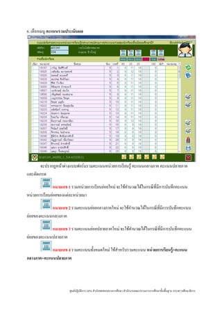 6. เลือกเมนู คะแนนรวมประเมินผล




       จะปรากฏหน้าต่างแบบฟอร์มรวมคะแนนหน่วยการเรี ยนรู ้ คะแนนกลางภาค คะแนนปลายภาค
และตัดเกรด

               หมายเลข 1 รวมหน่วยการเรี ยนย่อยใหม่ จะใช้คานวณได้ในกรณี ที่มีการบันทึกคะแนน
                                                         ํ
หน่วยการเรี ยนย่อยของแต่ละหน่วยมา

            หมายเลข 2 รวมคะแนนย่อยกลางภาคใหม่ จะใช้คานวณได้ในกรณี ที่มีการบันทึกคะแนน
                                                    ํ
ย่อยของคะแนนกลางภาค

            หมายเลข 3 รวมคะแนนย่อยปลายภาคใหม่ จะใช้คานวณได้ในกรณี ที่มีการบันทึกคะแนน
                                                    ํ
ย่อยของคะแนนปลายภาค

            หมายเลข 4 รวมคะแนนทั้งหมดใหม่ ใช้สาหรับรวมคะแนน หน่ วยการเรียนรู้+คะแนน
                                              ํ
กลางภาค+คะแนนปลายภาค




                        ศูนย์ปฏิบติการ GPA สํานักทดสอบทางการศึกษา สํานักงานคณะกรรมการการศึกษาขั้นพื้นฐาน กระทรวงศึกษาธิ การ
                                 ั
 