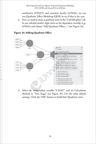 Mastering Partial Least Squares Structural Equation Modeling
(PLS-SEM) with SmartPLS in 38 Hours
53
satisfaction (CXSAT) and customer loyalty (LOYAL), we can
run Quadratic Eﬀect Modeling (QEM) to see if that is the case.
2. First, we need to create a quadratic term in the “Cafe100.splsm” tab.
In our colorful model, right-click on the dependent variable (e.g.,
LOYAL) and choose “Add Quadratic Eﬀect...”. (see Figure 34).
Figure 34: Adding Quadratic Eﬀect
3. Select the independent variable “CXSAT” and set Calculation
Method as “Two Stage” (see Figure 35). Use the other default
settings. Click the “OK” button to build that Quadratic term.
 
