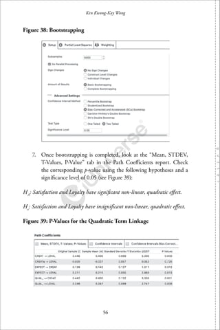 56
Ken Kwong-Kay Wong
Figure 38: Bootstrapping
7. Once bootstrapping is completed, look at the “Mean, STDEV,
T-Values, P-Value” tab in the Path Coeﬃcients report. Check
the corresponding p-value using the following hypotheses and a
signiﬁcance level of 0.05 (see Figure 39):
HA
: Satisfaction and Loyalty have signiﬁcant non-linear, quadratic eﬀect.
Ho
: Satisfaction and Loyalty have insigniﬁcant non-linear, quadratic eﬀect.
Figure 39: P-Values for the Quadratic Term Linkage
 