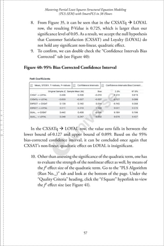 Mastering Partial Least Squares Structural Equation Modeling
(PLS-SEM) with SmartPLS in 38 Hours
57
8. From Figure 35, it can be seen that in the CXSATq LOYAL
row, the resulting P-Value is 0.725, which is larger than our
signiﬁcance level of 0.05. As a result, we accept the null hypothesis
that Customer Satisfaction (CXSAT) and Loyalty (LOYAL) do
not hold any signiﬁcant non-linear, quadratic eﬀect.
9. To conﬁrm, we can double check the “Conﬁdence Intervals Bias
Corrected” tab (see Figure 40):
Figure 40: 95% Bias Corrected Conﬁdence Interval
In the CXSATq LOYAL row, the value zero falls in between the
lower bound of-0.127 and upper bound of 0.099. Based on the 95%
bias-corrected conﬁdence interval, it can be concluded once again that
CXSAT’s non-linear, quadratic eﬀect on LOYAL is insigniﬁcant.
10. Other than assessing the signiﬁcance of the quadratic term, one has
to evaluate the strength of the nonlinear eﬀect as well, by means of
the f2
eﬀect size of the quadratic term. Go to the “PLS Algorithm
(Run No. )” tab and look at the bottom of the page. Under the
“Quality Criteria” heading, click the “f Square” hyperlink to view
the f2
eﬀect size (see Figure 41).
 