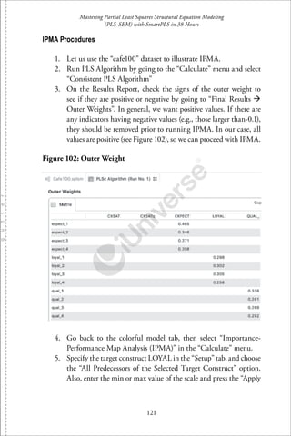 Mastering Partial Least Squares Structural Equation Modeling
(PLS-SEM) with SmartPLS in 38 Hours
121
IPMA Procedures
1. Let us use the “cafe100” dataset to illustrate IPMA.
2. Run PLS Algorithm by going to the “Calculate” menu and select
“Consistent PLS Algorithm”
3. On the Results Report, check the signs of the outer weight to
see if they are positive or negative by going to “Final Results
Outer Weights”. In general, we want positive values. If there are
any indicators having negative values (e.g., those larger than-0.1),
they should be removed prior to running IPMA. In our case, all
values are positive (see Figure 102), so we can proceed with IPMA.
Figure 102: Outer Weight
4. Go back to the colorful model tab, then select “Importance-
Performance Map Analysis (IPMA)” in the “Calculate” menu.
5. Specify the target construct LOYAL in the “Setup” tab, and choose
the “All Predecessors of the Selected Target Construct” option.
Also, enter the min or max value of the scale and press the “Apply
 