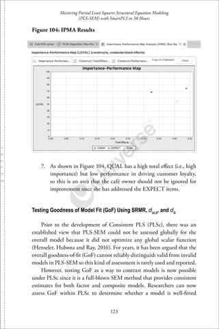 Mastering Partial Least Squares Structural Equation Modeling
(PLS-SEM) with SmartPLS in 38 Hours
123
Figure 104: IPMA Results
7. As shown in Figure 104, QUAL has a high total eﬀect (i.e., high
importance) but low performance in driving customer loyalty,
so this is an area that the café owner should not be ignored for
improvement once she has addressed the EXPECT items.
Testing Goodness of Model Fit (GoF) Using SRMR, dULS
, and dG
Prior to the development of Consistent PLS (PLSc), there was an
established view that PLS-SEM could not be assessed globally for the
overall model because it did not optimize any global scalar function
(Henseler, Hubona and Ray, 2016). For years, it has been argued that the
overall goodness-of-ﬁt (GoF) cannot reliably distinguish valid from invalid
models in PLS-SEM so this kind of assessment is rarely used and reported.
However, testing GoF as a way to contrast models is now possible
under PLSc since it is a full-blown SEM method that provides consistent
estimates for both factor and composite models. Researchers can now
assess GoF within PLSc to determine whether a model is well-ﬁtted
 