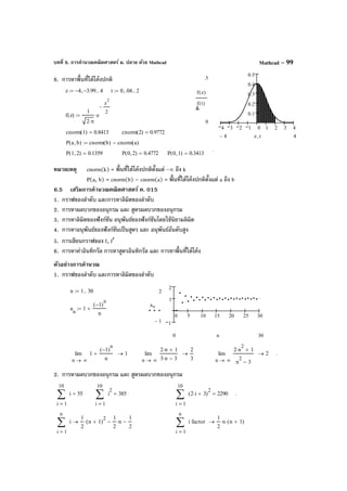 บทที่ 6. การคํานวณคณิตศาสตร์ ม. ปลาย ด้วย Mathcad Mathcad – 99
6. การหาพื้นที่ใต้โค้งปกติ
หมายเหตุ cnorm(k) = พื้นที่ใต้โค้งปกติตั้งแต่ -∞ ถึง k
P(a, b) = cnorm(b) – cnorm(a) = พื้นที่ใต้โค้งปกติตั้งแต่ a ถึง b
6.5 เสริมการคํานวณคณิตศาสตร์ ค. 015
1. กราฟของลําดับ และการหาลิมิตของลําดับ
2. การหาผลบวกของอนุกรม และ สูตรผลบวกของอนุกรม
3. การหาลิมิตของฟังก์ชัน อนุพันธ์ของฟังก์ชันโดยใช้นิยามลิมิต
4. การหาอนุพันธ์ของฟังก์ชันเป็นสูตร และ อนุพันธ์อันดับสูง
5. การเขียนกราฟของ f, f′
6. การหาค่าอินทิกรัล การหาสูตรอินทิกรัล และ การหาพื้นที่ใต้โค้ง
ตัวอย่างการคํานวณ
1. กราฟของลําดับ และการหาลิมิตของลําดับ
2. การหาผลบวกของอนุกรม และ สูตรผลบวกของอนุกรม
z 4− 3.99−, 4..:= t 0 .04, 2..:=
f z( )
1
2 π⋅
e
z
2
2
−
⋅:=
4 3 2 1 0 1 2 3 4
0.1
0.2
0.3
0.4
0.5
.5
0
f z( )
f t( )
44− z t,
n 1 30..:=
a
n
1
1−( )
n
n
+:=
0 5 10 15 20 25 30
1
1
2
2
1−
an
300 n
cnorm 1( ) 0.8413= cnorm 2( ) 0.9772=
P a b,( ) cnorm b( ) cnorm a( )−:=
.
P 1 2,( ) 0.1359= P 0 2,( ) 0.4772= P 0 1,( ) 0.3413=
∞n
1
1−( )
n
n
+lim
→
1→
∞n
2 n⋅ 1+
3 n⋅ 3−
lim
→
2
3
→
∞n
2 n
2
⋅ 1+
n
2
3−
lim
→
2→ .
1
10
i
i∑
=
55=
1
10
i
i
2
∑
=
385=
1
10
i
2 i⋅ 3+( )
2
∑
=
2290= .
1
n
i
i∑
=
1
2
n 1+( )
2
⋅
1
2
n⋅−
1
2
−→
1
n
i
i∑
=
factor
1
2
n⋅ n 1+( )⋅→
 