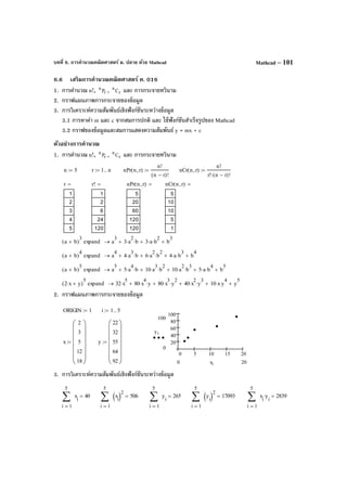 บทที่ 6. การคํานวณคณิตศาสตร์ ม. ปลาย ด้วย Mathcad Mathcad – 101
6.6 เสริมการคํานวณคณิตศาสตร์ ค. 016
1. การคํานวณ n!, r
n
P , r
n
C และ การกระจายทวินาม
2. กราฟแผนภาพการกระจายของข้อมูล
3. การวิเคราะห์ความสัมพันธ์เชิงฟังก์ชันระหว่างข้อมูล
3.1 การหาค่า m และ c จากสมการปกติ และ ใช้ฟังก์ชันสําเร็จรูปของ Mathcad
3.2 กราฟของข้อมูลและสมการแสดงความสัมพันธ์ y = mx + c
ตัวอย่างการคํานวณ
1. การคํานวณ n!, r
n
P , r
n
C และ การกระจายทวินาม
2. กราฟแผนภาพการกระจายของข้อมูล
3. การวิเคราะห์ความสัมพันธ์เชิงฟังก์ชันระหว่างข้อมูล
n 5:= r 1 n..:= nPr n r,( )
n!
n r−( )!
:= nCr n r,( )
n!
r! n r−( )!⋅
:=
r
1
2
3
4
5
= r!
1
2
6
24
120
= nPr n r,( )
5
20
60
120
120
= nCr n r,( )
5
10
10
5
1
=
a b+( )
3
expand a
3
3 a
2
⋅ b⋅+ 3 a⋅ b
2
⋅+ b
3
+→
a b+( )
4
expand a
4
4 a
3
⋅ b⋅+ 6 a
2
⋅ b
2
⋅+ 4 a⋅ b
3
⋅+ b
4
+→
a b+( )
5
expand a
5
5 a
4
⋅ b⋅+ 10 a
3
⋅ b
2
⋅+ 10 a
2
⋅ b
3
⋅+ 5 a⋅ b
4
⋅+ b
5
+→
2 x⋅ y+( )
5
expand 32 x
5
⋅ 80 x
4
⋅ y⋅+ 80 x
3
⋅ y
2
⋅+ 40 x
2
⋅ y
3
⋅+ 10 x⋅ y
4
⋅+ y
5
+→
ORIGIN 1:= i 1 5..:=
x
2
3
5
12
18














:= y
22
32
55
64
92














:=
0 5 10 15 20
20
40
60
80
100
100
0
yi
200 xi
1
5
i
x
i∑
=
40=
1
5
i
x
i( )2
∑
=
506=
1
5
i
y
i∑
=
265=
1
5
i
y
i( )2
∑
=
17093=
1
5
i
x
i
y
i
⋅∑
=
2839=
 