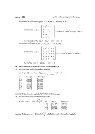 บทที่ 7. การคํานวณระดับอุดมศึกษาด้วย MathcadMathcad – 114
การหาสมการไฮเพอร์โบลาที่ผ่านจุด (1, 1), (–1, 1), (2, -4) และ (-4, 3)
การคํานวณด้วย Mathcad
สมการไฮเพอร์โบลาคือ –12 2
x – 84 2
y + 432y – 336 = 0
การหาสมการวงรีที่ผ่านจุด (5, 0), (–5, 0), (0, -4) และ (0, -4)
การคํานวณด้วย Mathcad
สมการวงรีคือ 1280 2
x + 2000 2
y – 32000 = 0
7.5 เสริมการคํานวณเกี่ยวกับความน่าจะเป็ นและสถิติด้วย Mathcad
7.5.1 การสร้างตารางความน่าจะเป็นของตัวแปรสุ่มทวินาม
หมายเหตุ ฟังก์ชัน dbinom(x, n, p) เป็นฟังก์ชันที่ให้ค่าเท่ากับ b(x, n, p)
7.5.2 การสร้างตารางความน่าจะเป็นของตัวแปรสุ่มปัวส์ซง
หมายเหตุ ฟังก์ชัน dpois(x, µ ) มีค่าเท่ากับ !x
e
x
µ
µ−
เป็นฟังก์ชันความน่าจะเป็นของตัวแปรสุ่มปัวส์ซง
µ 0.2:= x 0 2..:= p x( )
e
µ−
µ
x
⋅
x!
:= x
0
1
2
= p x( )
0.8187
0.1637
0.0164
= dpois x 0.2,( )
0.8187
0.1637
0.0164
x
2
1
1
4
16
y
2
1
1
16
4
x
1
1−
2
4
y
1
1
4
2
1
1
1
1
1












0 12− x
2
⋅ 84 y
2
⋅− 432 y⋅ 336−+ 0→ .
x
2
25
25
0
0
y
2
0
0
16
16
x
5
5−
0
0
y
0
0
4
4−
1
1
1
1
1














0 1280 x
2
⋅ 2000 y
2
⋅ 32000−+ 0→ .
n 4:= p 0.2:= x 0 n..:= b x n, p,( )
n!
x! n x−( )!⋅
p
x
⋅ 1 p−( )
n x−
⋅:= .
x
0
1
2
3
4
= b x n, p,( )
0.4096
0.4096
0.1536
0.0256
0.0016
= dbinom x n, p,( )
0.4096
0.4096
0.1536
0.0256
0.0016
=
 