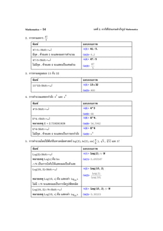 บทที่ 2. การใช้โปรแกรมสําเร็จรูป MathematicaMathematica – 14
2. การหาผลหาร
5
47
พิมพ์ ผลบนจอภาพ
47/5.<Shift>+↵
มีจุด . ท้ายเลข 5 จะแสดงผลการคํานวณ
47/5<Shift>+↵
ไม่มีจุด . ท้ายเลข 4 จะแสดงเป็นเศษส่วน
3. การหาผลคูณของ 15 กับ 32
พิมพ์ ผลบนจอภาพ
15*32<Shift>+↵
4. การคํานวณเลขยกกําลัง 3
4 และ 4
e
พิมพ์ ผลบนจอภาพ
4^3<Shift>+↵
E^4.<Shift>+↵
หมายเหตุ E = 2.718281828
E^4<Shift>+↵
ไม่มีจุด . ท้ายเลข 4 จะแสดงเป็นการยกกําลัง
5. การคํานวณโดยใช้ฟังก์ชันทางคณิตศาสตร์ log(2), ln(2), sin( π
6
), 3 , 5 32 และ 5!
พิมพ์ ผลบนจอภาพ
Log[2]<Shift>+↵
หมายเหตุ Log[x] คือ lnx
//N เป็นการบังคับให้แสดงผลเป็นตัวเลข
Log[10, 2]<Shift>+↵
หมายเหตุ Log[10, x] คือ แสดงค่า xlog10
ไม่มี //N จะแสดงผลเป็นการจัดรูปพีชคณิต
Log[10, 2]//N<Shift>+↵
หมายเหตุ Log[10, x] คือ แสดงค่า xlog10
 