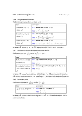บทที่ 2. การใช้โปรแกรมสําเร็จรูป Mathematica Mathematica – 31
2.20 การหาสูตรเทย์เลอร์ของฟังก์ชัน
ตัวอย่างการหาอนุกรมเทย์เลอร์ของ sin(x) และ ln(x)
พิมพ์ ผลบนจอภาพ
Series[Sin[x],{x,0,5}]
<Shift>+↵
Series[Sin[x],{x,0,8}]
<Shift>+↵
Series[Log[x],{x,1,3}]
<Shift>+↵
หมายเหตุ คําสั่ง Series[f(x), {x, a, k}] ใช้หาพหุนามเทย์เลอร์ดีกรีไม่เกิน k ของ f(x) รอบจุด x = a
2.21 การหาผลการแปลงลาปลาซและผลการแปลงลาปลาซผกผัน
ตัวอย่างเช่น L{sin(x)} =
1s
1
2
+
และ 1
L− {
1s
1
2
+
} = sin(x)
พิมพ์ ผลบนจอภาพ
LaplaceTransform[Sin[x],
x,s]<Shift>+↵
InverseLaplaceTransform[
1/(s^2+1),s,x]<Shift>+
↵
หมายเหตุ คําสั่ง LaplaceTransform[f[x]], x, s] ให้ผลเป็นสูตร F(s) ที่เป็นผลการแปลงลาปลาซของ f(x)
คําสั่ง InverseLaplaceTransform[F[s], s, x] ให้ผลเป็นสูตร f(x) ที่เป็นผลการแปลงลาปลาซผกผันของ F(s)
2.22 การแยกเศษส่วนย่อย
ตัวอย่างเช่น การแยกเศษส่วน )1x(x
1
+
ออกเป็น x
1
– 1x
1
+
พิมพ์ ผลบนจอภาพ
Apart[1/(x*(x+1))]<Shift>+↵
หมายเหตุ คําสั่ง Apart[f[x]] จะทําการกระจายสูตรของ f(x) เมื่อ f(x) เป็นเศษส่วนของพหุนาม ออกเป็น
ผลบวกของเศษส่วนย่อย
 