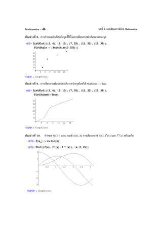 บทที่ 3. การเขียนกราฟด้วย MathematicaMathematica – 46
ตัวอย่างที่ 8. การกําหนดค่าเกี่ยวกับจุดที่ใช้ในการเขียนกราฟ เช่นขนาดของจุด
ตัวอย่างที่ 9. การเขียนกราฟแบบโยงเส้นระหว่างจุดโดยใช้ PlotJointd → True
ตัวอย่างที่ 10. กําหนด f(x) = xsinx บนช่วง [0, π] การเขียนกราฟ f(x), f′(x) และ f′′(x) พร้อมกัน
 
