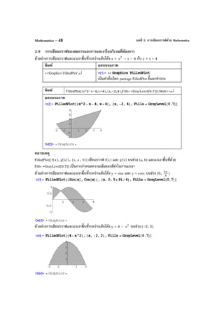 บทที่ 3. การเขียนกราฟด้วย MathematicaMathematica – 48
3.9 การเขียนกราฟของสมการและการแลเงาในบริเวณที่ต้องการ
ตัวอย่างการเขียนกราฟและแรเงาพื้นที่ระหว่างเส้นโค้ง y = 2
x – x – 4 กับ y = x + 4
พิมพ์ ผลบนจอภาพ
<<Graphics`FilledPlot`↵
เป็นคําสั่งเรียก package FilledPlot ขึ้นมาทํางาน
พิมพ์ FilledPlot[{x^2-x-4,x+4},{x,-2,4},Fills->GrayLevel[0.7]]<Shift>+↵
ผลบนจอภาพ
หมายเหตุ
FilledPlot[{f(x), g(x)}, {x, a , b}] เขียนกราฟ f(x) และ g(x) บนช่วง [a, b] และแรเงาพื้นที่ด้วย
Fills→GrayLevel[0.7]] เป็นการกําหนดความเข้มของสีดําในการแรเงา
ตัวอย่างการเขียนกราฟและแรเงาพื้นที่ระหว่างเส้นโค้ง y = sinx และ y = cosx บนช่วง [0, 4
5π ]
ตัวอย่างการเขียนกราฟและแรเงาพื้นที่ระหว่างเส้นโค้ง y = 4 – 2
x บนช่วง [–2, 2]
 