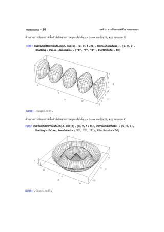 บทที่ 3. การเขียนกราฟด้วย MathematicaMathematica – 50
ตัวอย่างการเขียนกราฟพื้นผิวที่เกิดจากการหมุน เส้นโค้ง y = 2cosx บนช่วง [0, 4π] รอบแกน X
ตัวอย่างการเขียนกราฟพื้นผิวที่เกิดจากการหมุน เส้นโค้ง y = 2cosx บนช่วง [0, 4π] รอบแกน Z
 