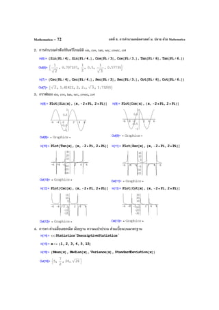 บทที่ 6. การคํานวณคณิตศาสตร์ ม. ปลาย ด้วย MathematicaMathematica – 72
2. การคํานวณค่าฟังก์ชันตรีโกณมิติ sin, cos, tan, sec, cosec, cot
3. กราฟของ sin, cos, tan, sec, cosec, cot
4. การหา ค่าเฉลี่ยเลขคณิต มัธยฐาน ความแปรปรวน ส่วนเบี่ยงเบนมาตรฐาน
 
