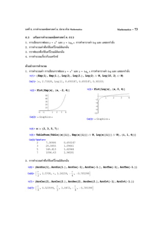 บทที่ 6. การคํานวณคณิตศาสตร์ ม. ปลาย ด้วย Mathematica Mathematica – 73
6.3 เสริมการคํานวณคณิตศาสตร์ ค. 013
1. การเขียนกราฟของ y = x
a และ y = xloga การทําตารางค่า log และ เลขยกกําลัง
2. การคํานวณค่าฟังก์ชันตรีโกณมิติผกผัน
3. กราฟของฟังก์ชันตรีโกณมิติผกผัน
4. การคํานวณเกี่ยวกับเมทริกซ์
ตัวอย่างการคํานวณ
1. การคํานวณค่า การเขียนกราฟของ y = x
a และ y = alog x การทําตารางค่า log และ เลขยกกําลัง
2. การคํานวณค่าฟังก์ชันตรีโกณมิติผกผัน
 