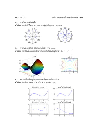 บทที่ 1. ความสามารถเบื้องต้นของโปรแกรม MATLABMATLAB – 4
8.5 กราฟในระบบพิกัดเชิงขั้ว
ตัวอย่าง กราฟรูปหัวใจ r = 3 + 2sinθ, กราฟรูปกลีบกุหลาบ r = 2cos2θ
8.6 กราฟในระบบพิกัด 3 มิติ เช่นกราฟพื้นผิว กราฟ contour
ตัวอย่าง กราฟพื้นผิวไฮเพอร์โบลิกพาราโบลอยด์ หรือพื้นผิวรูปอานม้า f(x, y) = 2
x – 2
y
8.7 สามารถปรับเปลี่ยนรูปแบบของกราฟให้เหมาะสมกับการใช้งาน
ตัวอย่าง กราฟของ f(x) = 3
x + 2
x – 9x – 9 บนช่วง [–4, 4]
 