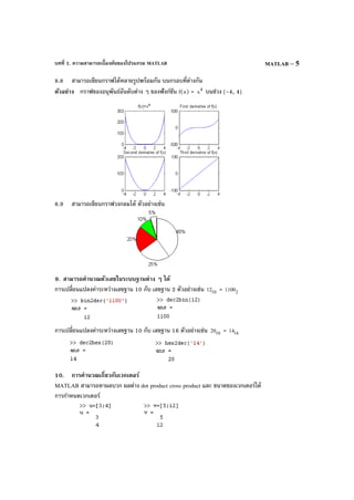 บทที่ 1. ความสามารถเบื้องต้นของโปรแกรม MATLAB MATLAB – 5
8.8 สามารถเขียนกราฟได้หลายรูปพร้อมกัน บนกรอบที่ต่างกัน
ตัวอย่าง กราฟของอนุพันธ์อันดับต่าง ๆ ของฟังก์ชัน f(x) = 4
x บนช่วง [–4, 4]
8.9 สามารถเขียนกราฟวงกลมได้ ตัวอย่างเช่น
9. สามารถคํานวณตัวเลขในระบบฐานต่าง ๆ ได้
การเปลี่ยนแปลงค่าระหว่างเลขฐาน 10 กับ เลขฐาน 2 ตัวอย่างเช่น 1012 = 21100
การเปลี่ยนแปลงค่าระหว่างเลขฐาน 10 กับ เลขฐาน 16 ตัวอย่างเช่น 1020 = 1614
10. การคํานวณเกี่ยวกับเวกเตอร์
MATLAB สามารถหาผลบวก ผลต่าง dot product cross product และ ขนาดของเวกเตอร์ได้
การกําหนดเวกเตอร์
 
