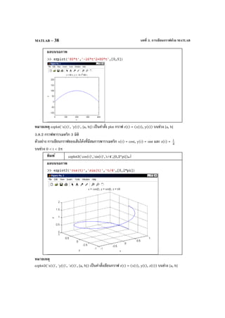 บทที่ 3. การเขียนกราฟด้วย MATLABMATLAB – 38
ผลบนจอภาพ
หมายเหตุ ezplot('x(t)', 'y(t)', [a, b]) เป็นคําสั่ง plot กราฟ r(t) = (x(t), y(t)) บนช่วง [a, b]
3.8.2 กราฟพาราเมตริก 3 มิติ
ตัวอย่าง การเขียนกราฟของเส้นโค้งที่มีสมการพาราเมตริก x(t) = cost, y(t) = sint และ z(t) = 4
t
บนช่วง 0 < t < 2π
พิมพ์ ezplot3('cos(t)','sin(t)','t/4',[0,2*pi])↵
ผลบนจอภาพ
หมายเหตุ
ezplot3('x(t)', 'y(t)', 'z(t)', [a, b]) เป็นคําสั่งเขียนกราฟ r(t) = (x(t), y(t), z(t)) บนช่วง [a, b]
 