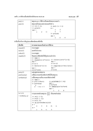 บทที่ 4. การใช้งานเบื้องต้นเกี่ยวกับโปรแกรม MATLAB MATLAB – 57
poly(v)
poly(A)
พหุนาม p(x) ที่มีรากเป็นสมาชิกของเวกเตอร์ v
พหุนามลักษณะเฉพาะของเมทริกซ์ A
คําสั่งเกี่ยวกับการจัดรูปแบบพีชคณิตของฟังก์ชัน
ฟังก์ชัน ความหมายและตัวอย่างการใช้งาน
expand(f)
factor(f)
collect(f)
simplify(f)
กระจายสูตร
แยกตัวประกอบ
กระจายสูตร
จัดรูปแบบพีชคณิตให้มีรูปแบบอย่างง่าย
pretty(f)
poly2sym(p)
sym2poly(p)
แสดงสูตรของพหุนาม
เปลี่ยนเวกเตอร์ของสัมประสิทธิ์เป็นพหุนาม
เปลี่ยนพหุนามเป็นเวกเตอร์สัมประสิทธิ์
[a, b, k]
= residue(p, q)
การแยกเศษส่วนพหุนาม )x(q
)x(p
เป็นเศษส่วนย่อย
 