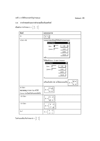 บทที่ 2. การใช้โปรแกรมสําเร็จรูป Mathcad Mathcad - 21
2.4 การกําหนดค่าและการคํานวณเกี่ยวกับเมทริกซ์
ตัวอย่าง การกําหนด A = 



−
−
35
24
พิมพ์ ผลบนจอภาพ
A:
<Ctrl>+M บนจอภาพจะมีเมนูให้เติมจํานวนแถวและ
หลัก
ให้พิมพ์ Rows: 2 และ Columns:
2
เสร็จแล้วคลิก OK จะได้ผลบนจอเป็น
4<Tab>
หมายเหตุ การกด Tab ทําให้
Curser กระโดดไปตําแหน่งถัดไป
-2<Tab>
-5<Tab>
3↵ A
4
5−
2−
3






:=
ในทํานองเดียวกันกําหนด B = 



31
52
 
