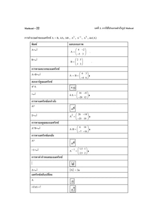 บทที่ 2. การใช้โปรแกรมสําเร็จรูป MathcadMathcad - 22
การคํานวณค่าของเมทริกซ์ A + B, 4A, AB , 2
A , 1
A
−
, T
A , det(A)
พิมพ์ ผลบนจอภาพ
A=↵
A
4
5−
2−
3






= .
B=↵
B
2
1
5
3






= .
การหาผลบวกของเมทริกซ์
A+B=↵ A B+
6
4−
3
6






=
สเกลาร์คูณเมทริกซ์
4*A
=↵ 4 A⋅
16
20−
8−
12






=
การหาเมทริกซ์ยกกําลัง
A^
2=↵ A
2 26
35−
14−
19






=
การหาผลคูณของเมทริกซ์
A*B=↵ A B⋅
6
7−
14
16−






=
การหาเมทริกซ์ผกผัน
A^
-1=↵ A
1− 1.5
2.5
1
2






=
การหาค่ากําหนดของเมทริกซ์
|
A=↵ A 2=
เมทริกซ์สลับเปลี่ยน
A
<Ctrl>+!
 