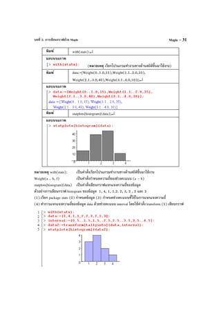 บทที่ 3. การเขียนกราฟด้วย Maple Maple – 31
พิมพ์ with(stats):↵
ผลบนจอภาพ
(หมายเหตุ เรียกโปรแกรมทํางานทางด้านสถิติขึ้นมาใช้งาน)
พิมพ์ data:=[Weight(0..1.0,15),Weight(1.1..2.0,35),
Weight(2.1..3.0,40),Weight(3.1..4.0,10)];↵
ผลบนจอภาพ
พิมพ์ statplots[histogram](data);↵
ผลบนจอภาพ
หมายเหตุ with(stats): เป็นคําสั่งเรียกโปรแกรมทํางานทางด้านสถิติขึ้นมาใช้งาน
Weight(a .. b, f) เป็นคําสั่งกําหนดความถี่ของช่วงคะแนน (a – b)
statplots[histogram](data) เป็นคําสั่งเขียนกราฟแจกแจงความถี่ของข้อมูล
ตัวอย่างการเขียนกราฟ histogram ของข้อมูล 1, 4, 1, 1,2. 2, 3, 2 , 2 และ 3
(1) เรียก package stats (2) กําหนดข้อมูล (3) กําหนดช่วงคะแนนที่ใช้ในการแจกแจงความถี่
(4) ทําการแจกแจงความถี่ของข้อมูล data ด้วยช่วงคะแนน interval โดยใช้คําสั่ง transform (5) เขียนกราฟ
 