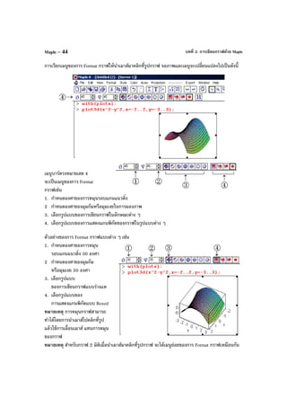 บทที่ 3. การเขียนกราฟด้วย MapleMaple – 44
การเรียกเมนูของการ Format กราฟให้นําเมาส์มาคลิกที่รูปกราฟ จอภาพและเมนูจะเปลี่ยนแปลงไปเป็นดังนี้
เมนูบาร์ตรงหมายเลข 4
จะเป็นเมนูของการ Format
กราฟเช่น
1. กําหนดองศาของการหมุนรอบแกนแนวดิ่ง
2 กําหนดองศาของมุมก้มหรือมุมเงยในการมองภาพ
3. เลือกรูปแบบของการเขียนกราฟในลักษณะต่าง ๆ
4. เลือกรูปแบบของการแสดงแกนพิกัดของกราฟในรูปแบบต่าง ๆ
ตัวอย่างของการ Format กราฟแบบต่าง ๆ เช่น
1. กําหนดองศาของการหมุน
รอบแกนแนวดิ่ง 30 องศา
2 กําหนดองศาของมุมก้ม
หรือมุมเงย 30 องศา
3. เลือกรูปแบบ
ของการเขียนกราฟแบบร่างแห
4. เลือกรูปแบบของ
การแสดงแกนพิกัดแบบ Boxed
หมายเหตุ การหมุนกราฟสามารถ
ทําได้โดยการนําเมาส์ไปคลิกที่รูป
แล้วใช้การเลื่อนเมาส์ แทนการหมุน
ของกราฟ
หมายเหตุ สําหรับกราฟ 2 มิติเมื่อนําเมาส์มาคลิกที่รูปกราฟ จะได้เมนูย่อยของการ Format กราฟเหมือนกัน
 