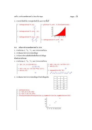 บทที่ 6. การคํานวณคณิตศาสตร์ ม. ปลาย ด้วย Maple Maple – 73
3. การหาค่าอินทิกรัล การหาสูตรอินทิกรัล และการหาพื้นที่
6.6 เสริมการคํานวณคณิตศาสตร์ ค. 016
1. การคํานวณ n!, r
n
P , r
n
C และ การกระจายทวินาม
2. กราฟแผนภาพการกระจายของข้อมูล
3. การวิเคราะห์ความสัมพันธ์เชิงฟังก์ชันระหว่างข้อมูล
ตัวอย่างการคํานวณ
1. การคํานวณ n!, r
n
P , r
n
C และ การกระจายทวินาม
2. กราฟแผนภาพการกระจายของข้อมูล ตัวอย่างข้อมูลเช่น x y
2 3
4 7
9 12
10 15
14 22
 