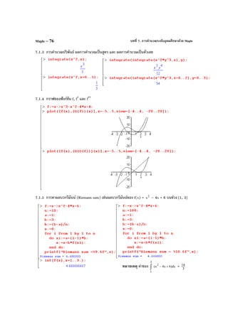 บทที่ 7. การคํานวณระดับอุดมศึกษาด้วย MapleMaple – 76
7.1.3 การคํานวณปริพันธ์ ผลการคํานวณเป็นสูตร และ ผลการคํานวณเป็นตัวเลข
7.1.4 กราฟของฟังก์ชัน f, f′ และ f′′
7.1.5 การหาผลบวกรีมันน์ (Riemann sum) เช่นผลบวกรีมันน์ของ f(x) = 2
x – 4x + 6 บนช่วง [1, 3]
หมายเหตุ ค่าของ dx)6x4x(
2
3
1
+−∫ = 3
14
 