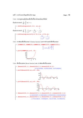บทที่ 7. การคํานวณระดับอุดมศึกษาด้วย Maple Maple – 91
7.6.2 การหาสูตรอนุพันธ์ของฟังก์ชันที่นิยามในพจน์ของปริพันธ์
ตัวอย่างการหาค่า dx
d ( tdt
x
1
∫ ) = x
ตัวอย่างการหาค่า dx
d dt
t1
1
2
2
x
x +
∫ = 4
x1
x2
+
– 2
x1
1
+
7.6.3 กราฟของฟังก์ชันแกมมา (Gamma function) และการคํานวณค่าฟังก์ชันแกมมา
7.6.4 ฟังก์ชันเบสเซล (Bessel function) และ กราฟของฟังก์ชันเบสเซล
 