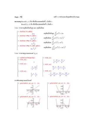 บทที่ 7. การคํานวณระดับอุดมศึกษาด้วย MapleMaple – 92
หมายเหตุ BesselJ(v, x) คือ ฟังก์ชันเบสเซลชนิดที่ 1 อันดับ v
BesselY(v, x) คือ ฟังก์ชันเบสเซลชนิดที่ 2 อันดับ v
7.6.5 การหาอนุพันธ์อันดับสูง และ อนุพันธ์ย่อย
อนุพันธ์อันดับสูง x24)x(
dx
d 4
3
3
=
อนุพันธ์ย่อย 3234
2
2
yx12)yx(
x
=
∂
∂
อนุพันธ์ย่อย yx6)yx(
y
434
2
2
=
∂
∂
อนุพันธ์ย่อย 2234
2
3
yx36)yx(
xy
=
∂∂
∂
7.6.6 การหาพหุนามเลอจองด์ )x(Pn
กราฟของพหุนามเลอร์จองด์
 