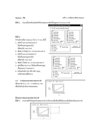 บทที่ 3. การเขียนกราฟด้วย MathcadMathcad – 56
ขั้นที่ 1. นําเมาส์ไปกดดับเบิลคลิกที่บริเวณของกราฟจะได้เมนูของการ Format กราฟ
ขั้นที่ 2.
กําหนดทางเลือก (Options) ใน X-Y Axes ดังนี้
1. คลิกที่ Auto Grid ของ แกน X
ให้เครื่องหมายถูกหายไป
เพื่อยกเลิก Auto Grid
2. พิมพ์ 10 ในช่อง No. of Grids ของ แกน X
3. คลิกที่ Auto Grid ของแกน Y
ให้เครื่องหมายถูกหายไป
เพื่อยกเลิก Auto Grid
4. พิมพ์ 6 ในช่อง No. of Grids ของ แกน Y
5. คลิกที่ช่อง Grid Line ให้เกิดเครื่องหมายถูก
ทั้งของแกน X และแกน Y
6. เสร็จแล้วคลิก OK หรือ คลิก Apply
จะได้ภาพตามที่ต้องการ
3.2 การย่อและขยายขนาดของกราฟ
เขียนกราฟ f(x) = 2x + 3 บนช่วง [0, 10]
เพื่อเป็นตัวอย่างในการย่อและขยาย
ขั้นตอนการย่อและขยายขนาดกราฟ
ขั้นที่ 1. ลากเมาส์เข้าไปคลุมบริเวณของกราฟ จะเกิดกรอบสี่เหลี่ยมที่มีเส้นแบบเส้นไข่ปลาล้อมรอบกราฟ
 