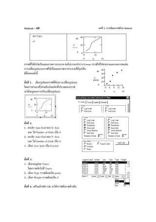 บทที่ 3. การเขียนกราฟด้วย MathcadMathcad – 60
40<Tab>
↵
0 10
0
20
40
40
0
yi
160 xi
กราฟที่ได้ยังไม่เป็นแผนภาพการกระจาย ต่อไปเราจะทําการ Format กราฟให้ให้สวยงามและเหมาะสมเช่น
การเปลี่ยนรูปแบบกราฟให้เป็นแผนภาพการกระจายที่มีรูปเป็น
มีขั้นตอนดังนี้
ขั้นที่ 1. เลือกรูปของกราฟที่ต้องการเปลี่ยนรูปแบบ
โดยการนําเมาส์ไปกดดับเบิลคลิกที่บริเวณของกราฟ
จะได้เมนูของการปรับเปลี่ยนรูปแบบ
ขั้นที่ 2.
1. ยกเลิก Auto Grid ของ X-Axis
และ ใส่ Number of Grids เป็น 4
2. ยกเลิก Auto Grid ของ Y-Axis
และ ใส่ Number of Grids เป็น 4
3. เลือก Axis Style เป็น Crossed
ขั้นที่ 3.
1. เลือกเมนูย่อย Traces
โดยการคลิกไปที่ Traces
2. เลือก Type การพล็อตเป็น points
3. เลือก Weight การพล็อตเป็น 3
ขั้นที่ 4. เสร็จแล้วคลิก OK จะได้กราฟดังภาพข้างต้น
0 4 8 12 16
10
20
30
40
40
0
yi
160 xi
 