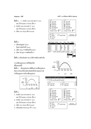 บทที่ 3. การเขียนกราฟด้วย MathcadMathcad – 64
ขั้นที่ 2. 1. ยกเลิก Auto Grid ของ X-Axis
และ ใส่ Number of Grids เป็น 4
2. ยกเลิก Auto Grid ของ Y-Axis
และ ใส่ Number of Grids เป็น 6
3. เลือก Axis Style เป็น Crossed
ขั้นที่ 3.
1. เลือกเมนูย่อย Traces
โดยการคลิกไปที่ Traces
2. เลือก Type การพล็อตเป็น points
3. เลือก Weight การพล็อตเป็น 3
ขั้นที่ 4. เสร็จแล้วคลิก OK จะได้กราฟดังภาพข้างต้น
การเปลี่ยนรูปแบบกราฟให้มีรูปเป็น
มีขั้นตอนดังนี้
ขั้นที่ 1. เลือกรูปของกราฟที่ต้องการเปลี่ยนรูปแบบ
โดยการนําเมาส์ไปกดดับเบิลคลิกที่บริเวณของกราฟ
จะได้เมนูของการปรับเปลี่ยนรูปแบบ
ขั้นที่ 2.
1. ยกเลิก Auto Grid ของ X-Axis
และ ใส่ Number of Grids เป็น 4
2. ยกเลิก Auto Grid ของ Y-Axis
และ ใส่ Number of Grids เป็น 6
3. เลือก Axis Style เป็น Crossed
4. เลือกแสดง Grid Lines ที่ Y–Axis
0 100 200 300 40025
25
50
75
100
125
125
25−
y t( )
4000 x t( )
 